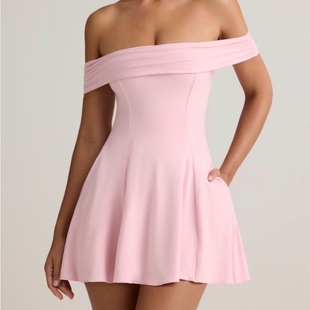 Oh Polly Jaida Off-Shoulder a-line mini Dress in baby pink